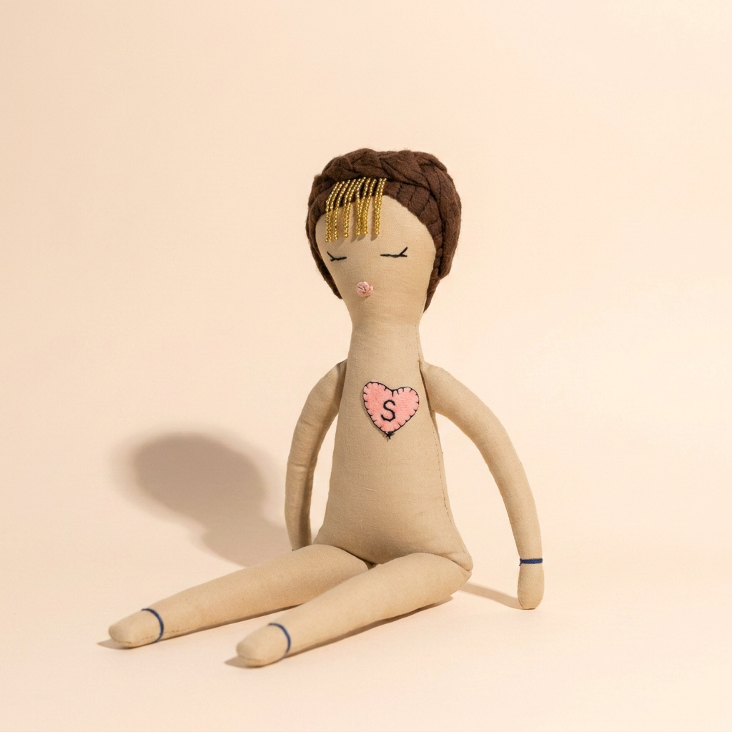 A handmade fabric doll with a beige body, brown hair, and a pink heart patch on the chest, sitting against a solid light beige background.